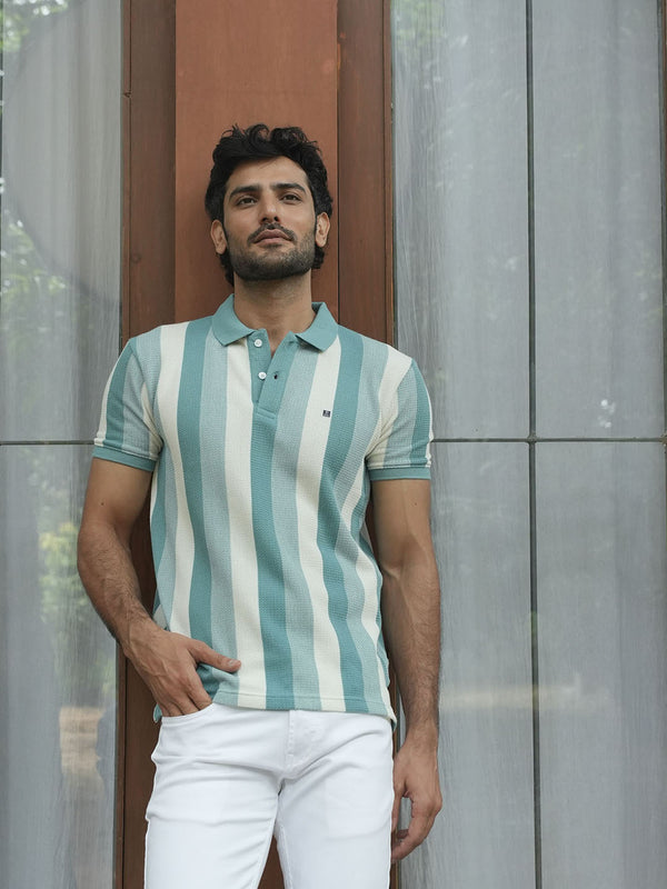 Sea Blue Stripes Polo T Shirt