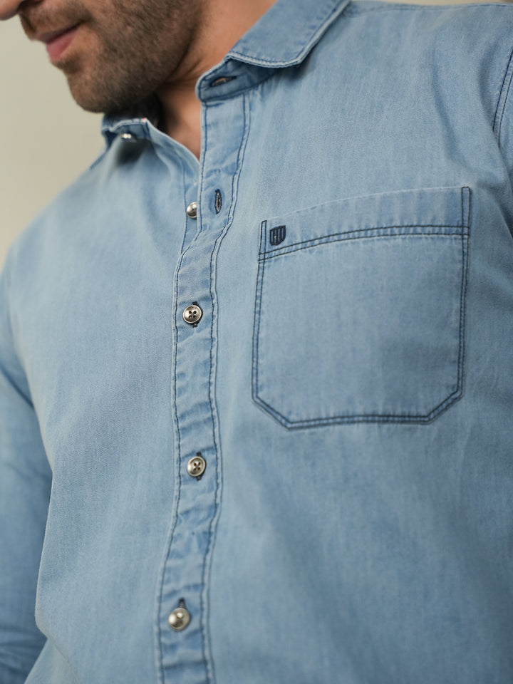 Sky Blue Casual Denim Solid Shirt