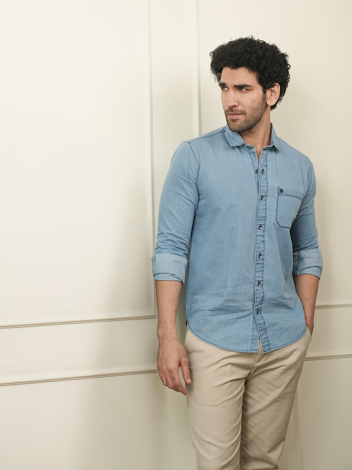 Sky Blue Casual Denim Solid Shirt