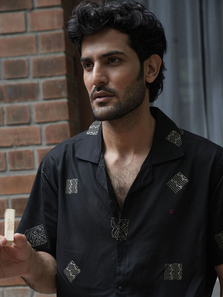 Black Geometric Embroidery Printed Casual Shirt