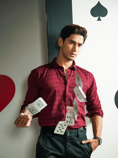 Burgundy Geometric Casual Shirt