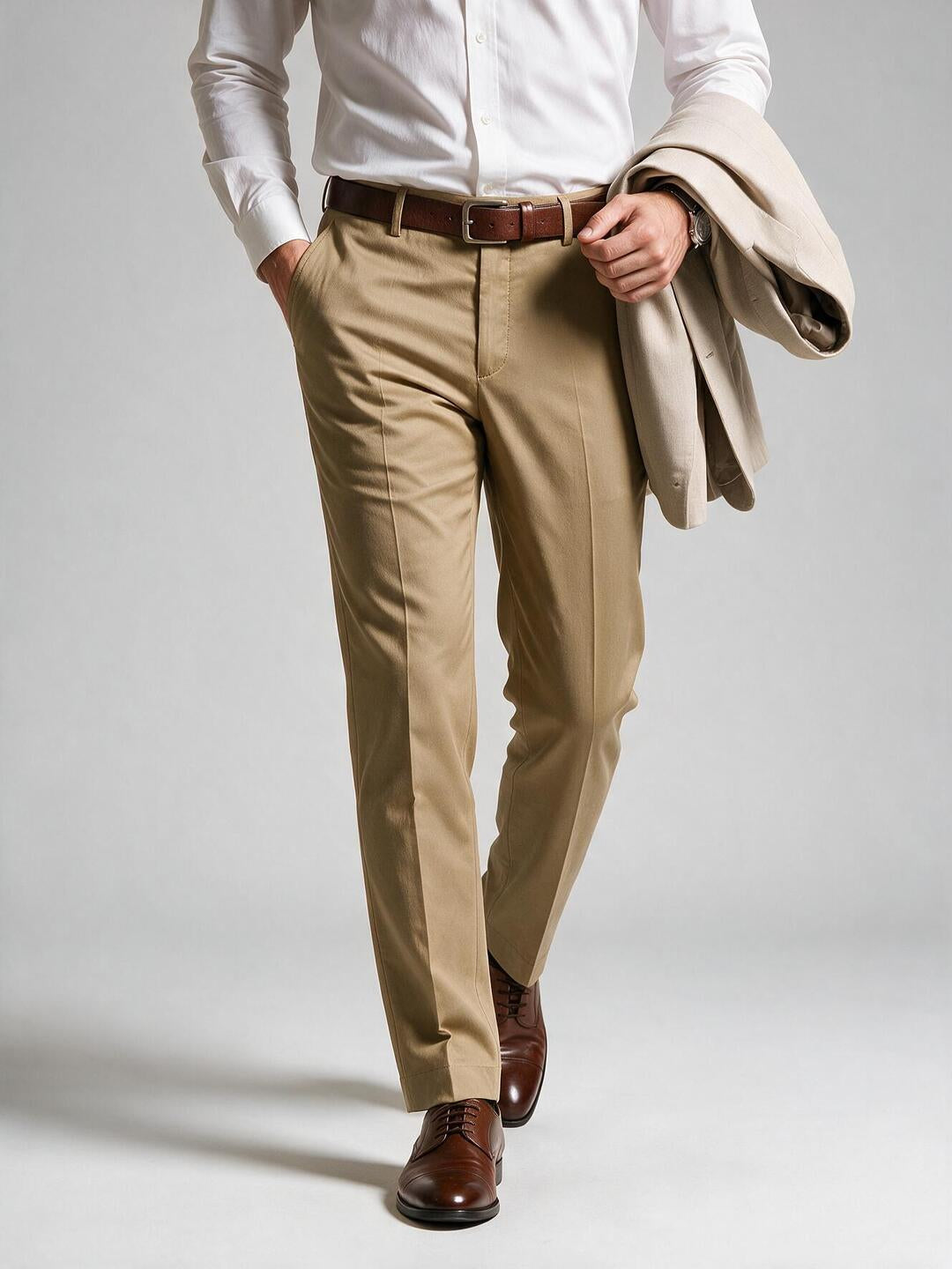 Light French Beige Solid Formal Trousers