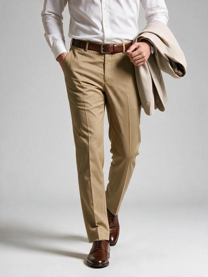 Light French Beige Solid Formal Trousers