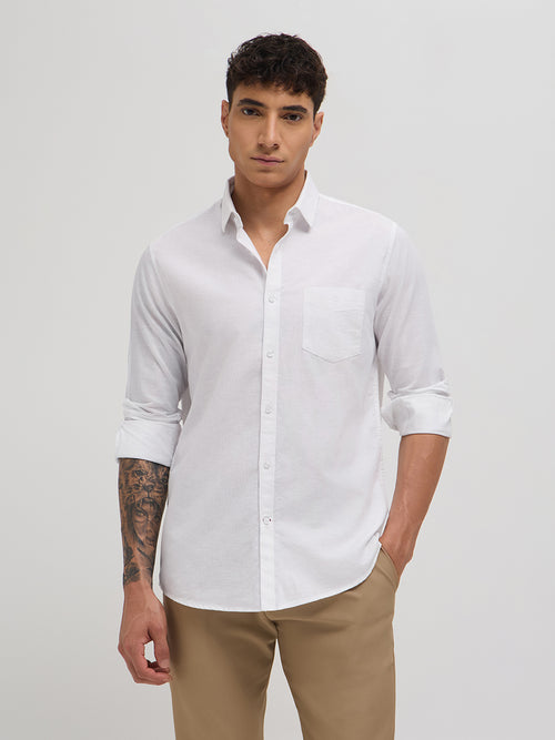 White Cotton Linen Solid Casual Shirt