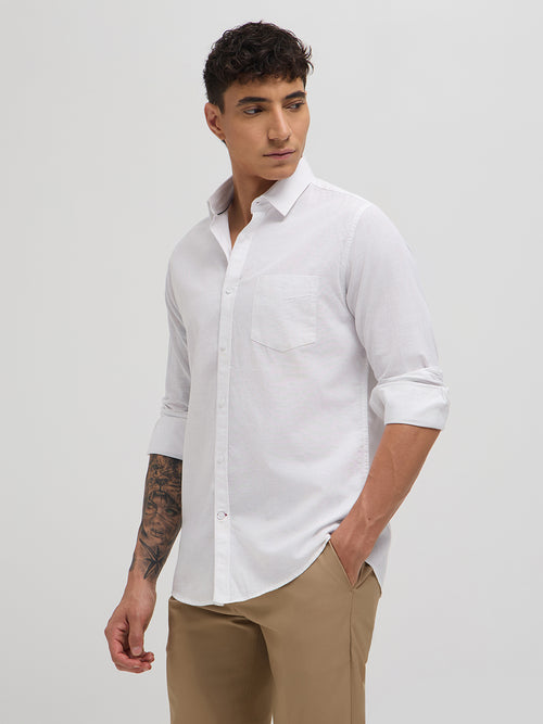 White Cotton Linen Solid Casual Shirt
