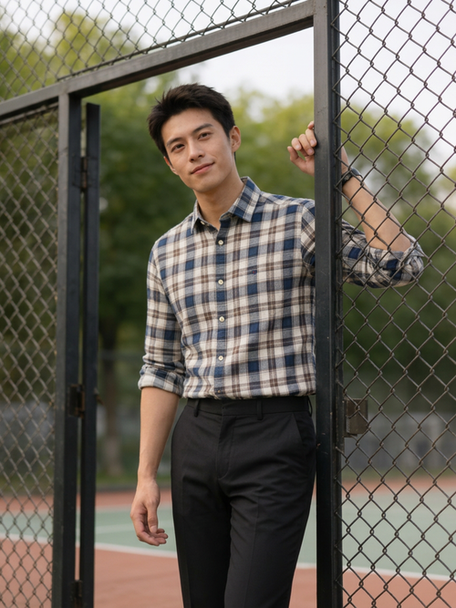 Mid Blue and Beige Checked Casual Shirt
