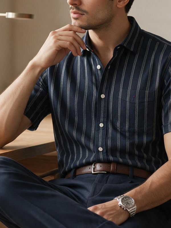 Ocean Navy Vertical Stripes Casual Shirt