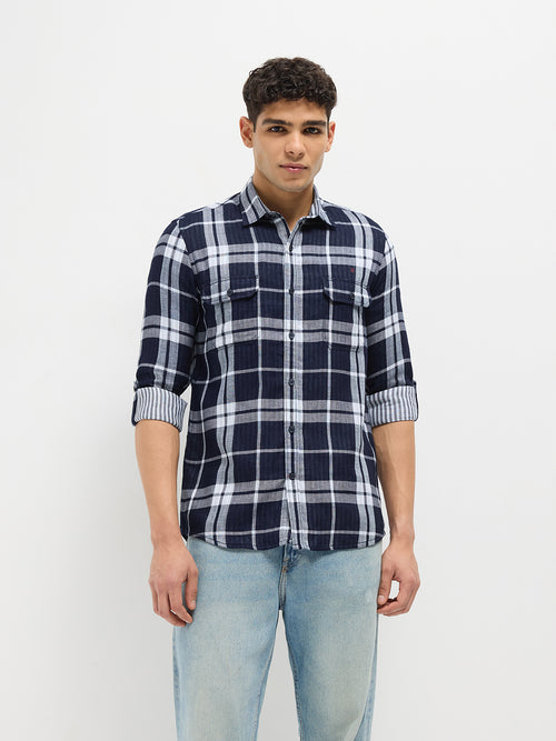 Indigo Blue Checked Casual Shirt With Two Pockets