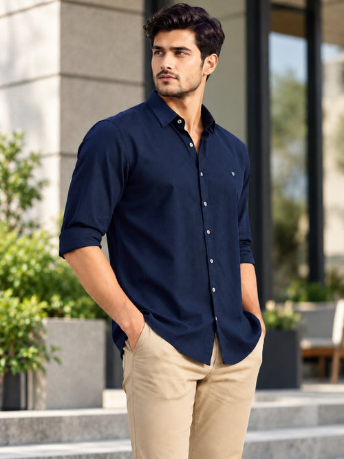 Dark Navy Blue Plain Urban Casual Shirt