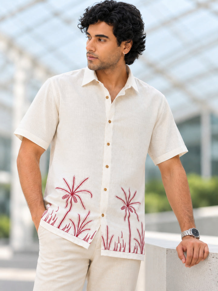 Light Beige and Maroon Palm Tree Printed Urban Casual Shirt
