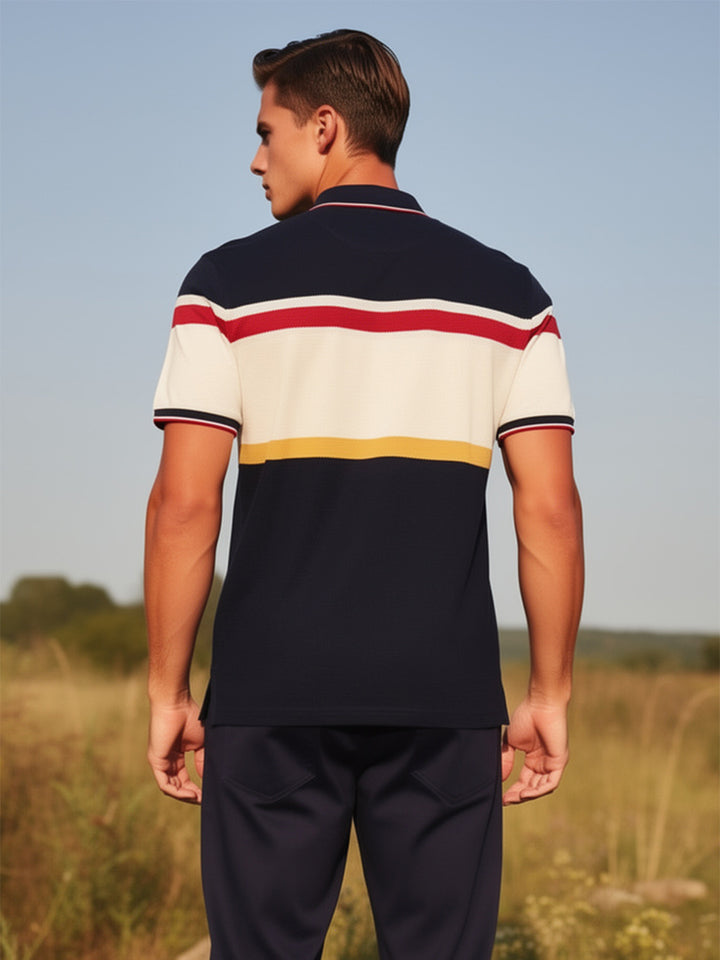 Navy Tricolor Horizontal Stripe Polo T Shirt