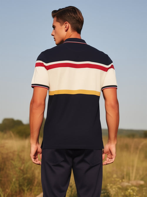 Navy Tricolor Horizontal Stripe Polo T Shirt