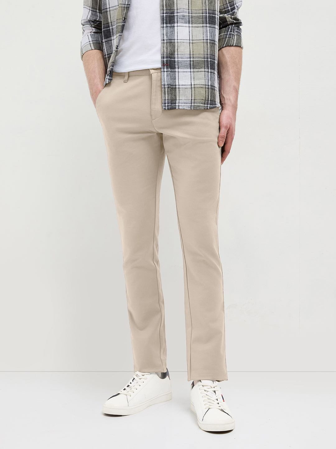 Light Beige Solid Casual Trousers