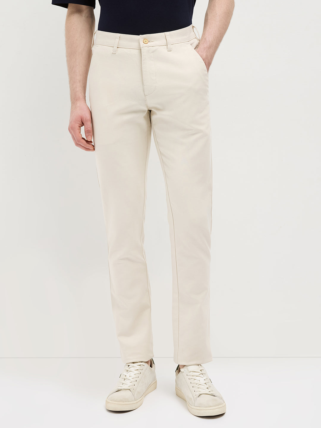 Beige Solid Casual Trousers