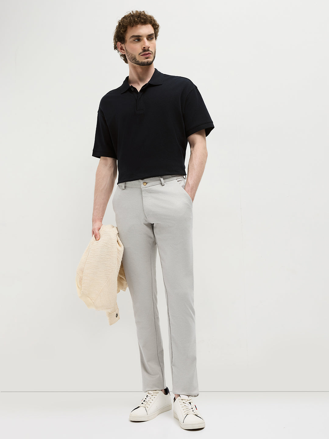 Cream Strechable Solid Trouser