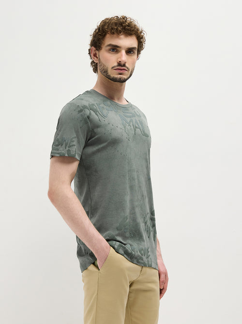 Leaf Green Printed Crew Neck T Shirt