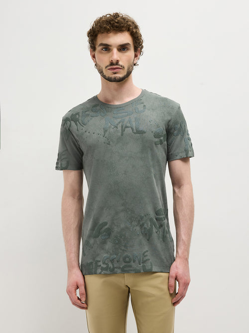 Leaf Green Printed Crew Neck T Shirt