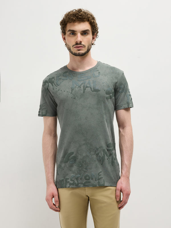 Leaf Green Printed Crew Neck T Shirt