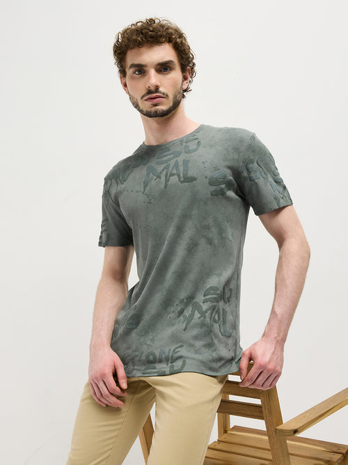 Leaf Green Printed Crew Neck T Shirt