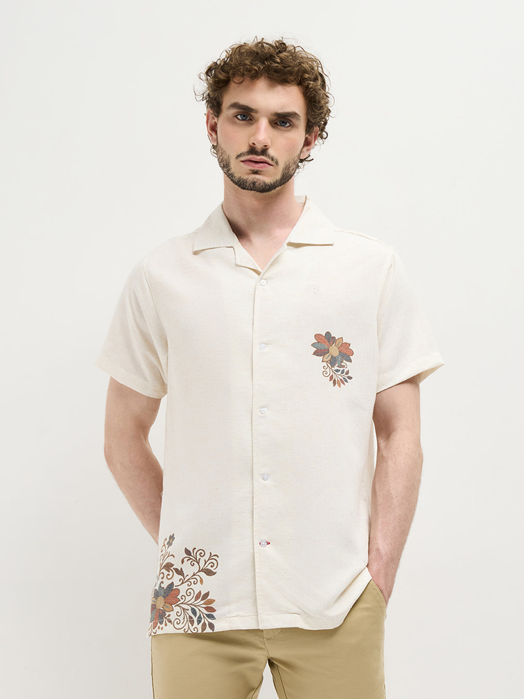 Beige Floral Printed Casual Shirt