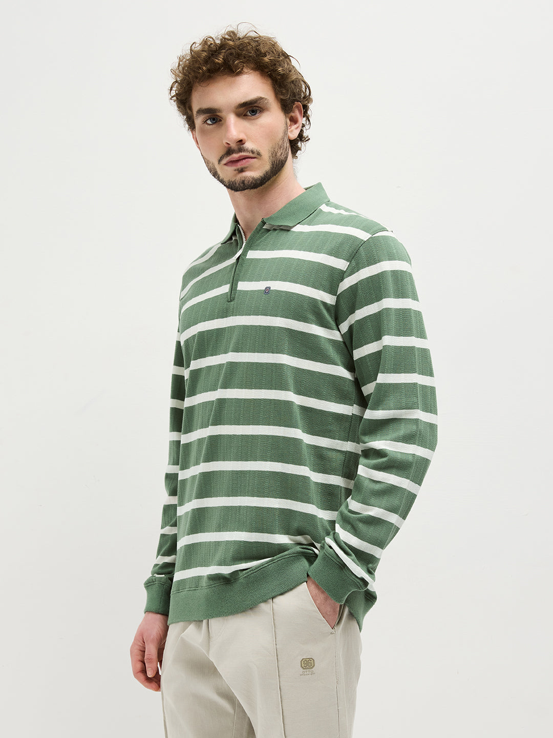 Olive Zipper Stripes Polo T Shirt