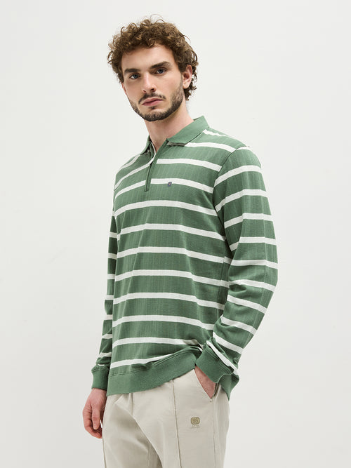 Olive Zipper Stripes Polo T Shirt