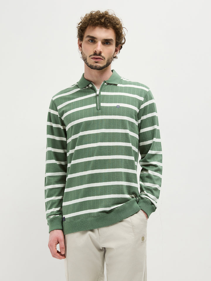 Olive Zipper Stripes Polo T Shirt