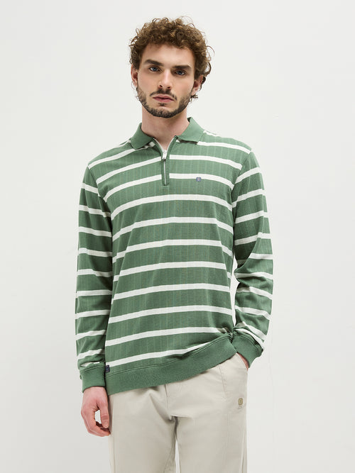 Olive Zipper Stripes Polo T Shirt