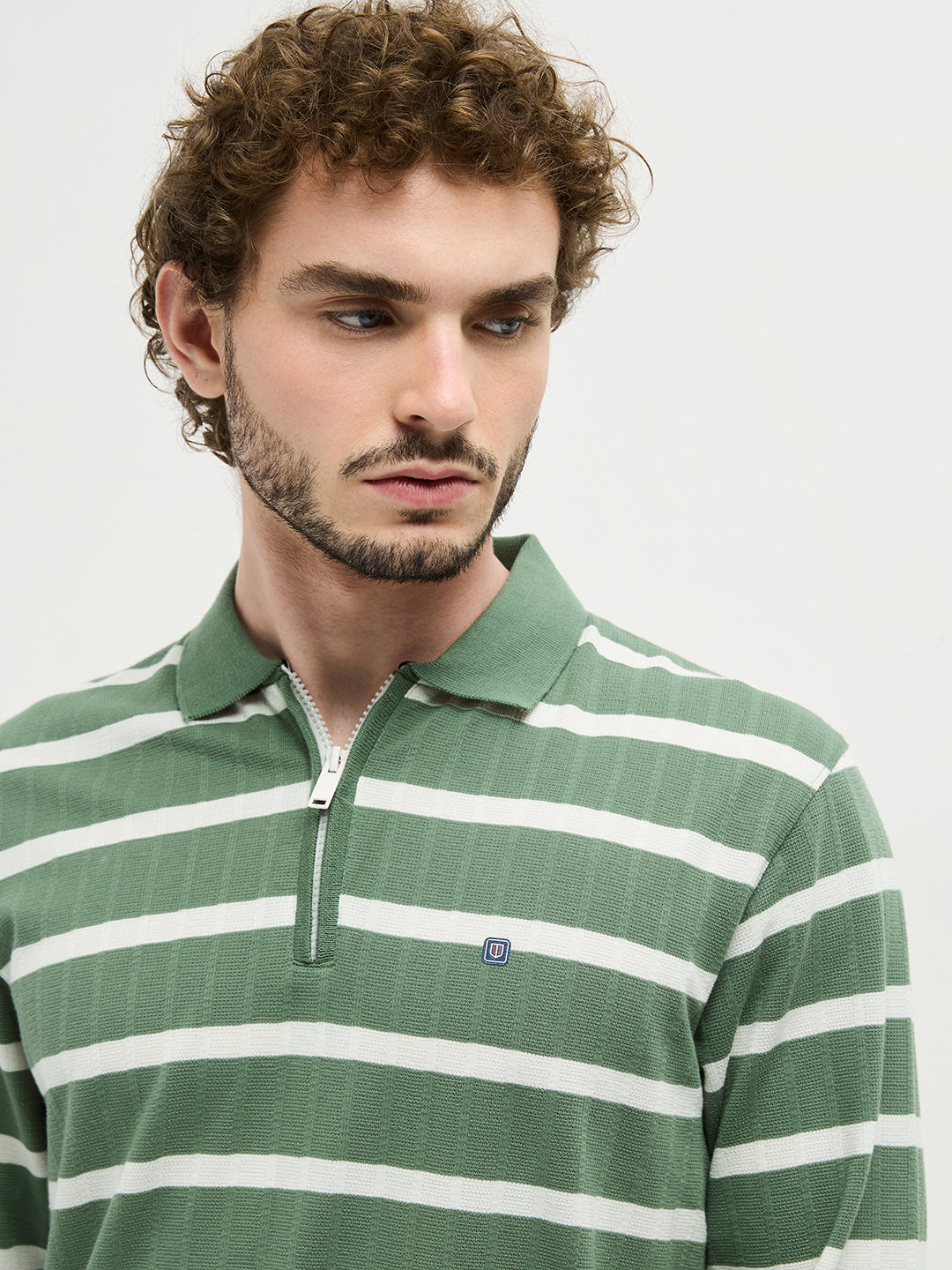 Olive Zipper Stripes Polo T Shirt