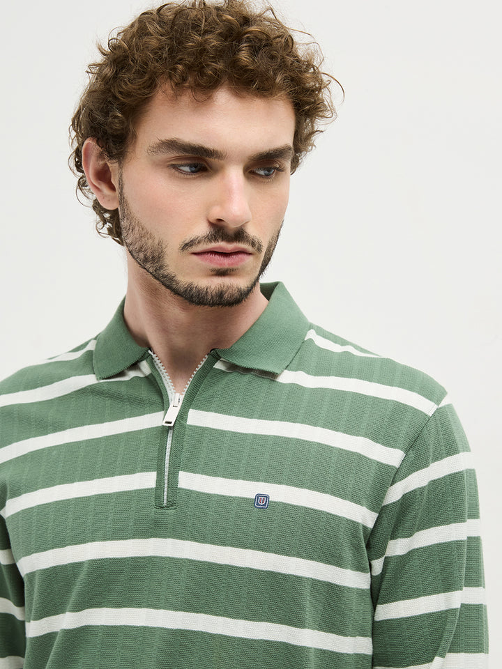 Olive Zipper Stripes Polo T Shirt