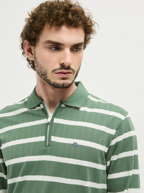Olive Zipper Stripes Polo T Shirt