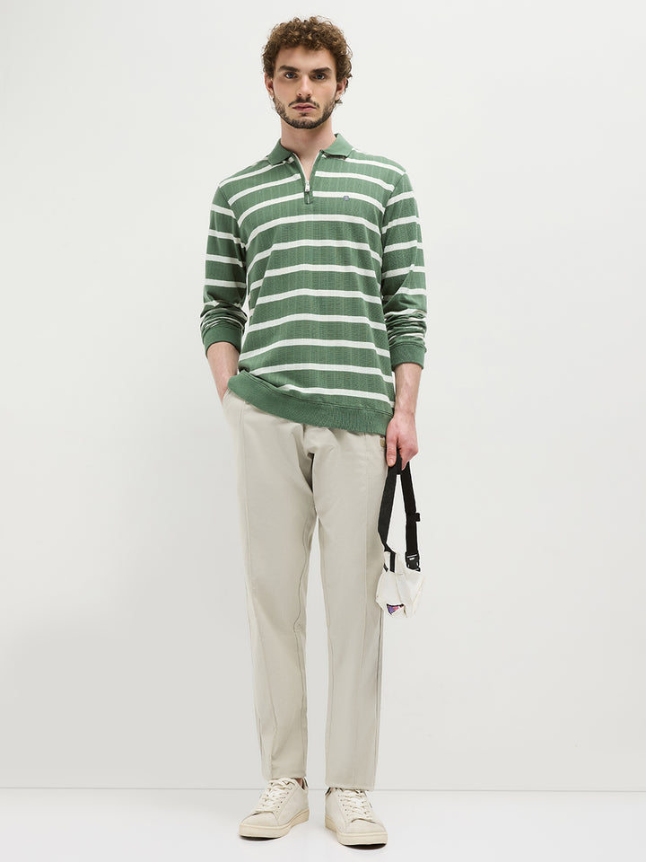 Olive Zipper Stripes Polo T Shirt