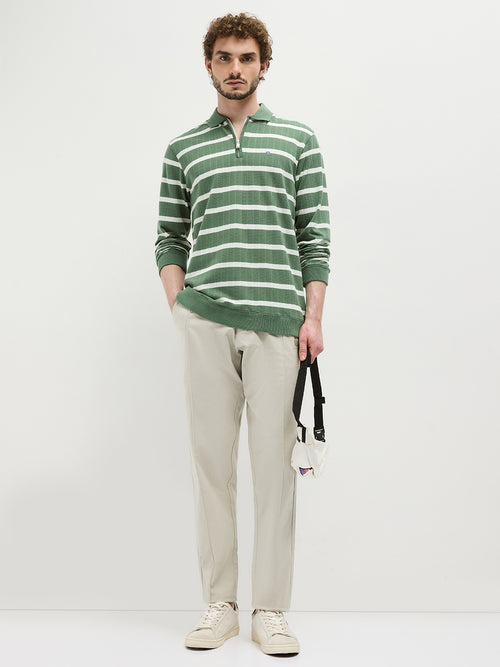 Olive Zipper Stripes Polo T Shirt
