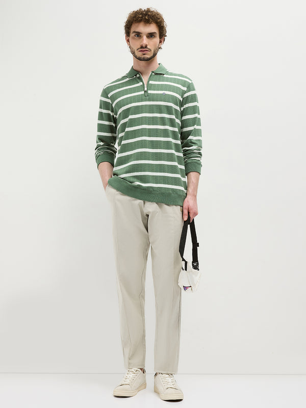 Olive Zipper Stripes Polo T Shirt