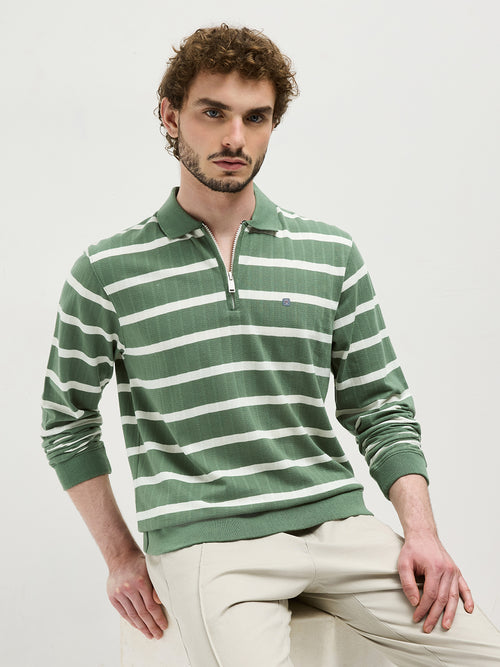 Olive Zipper Stripes Polo T Shirt