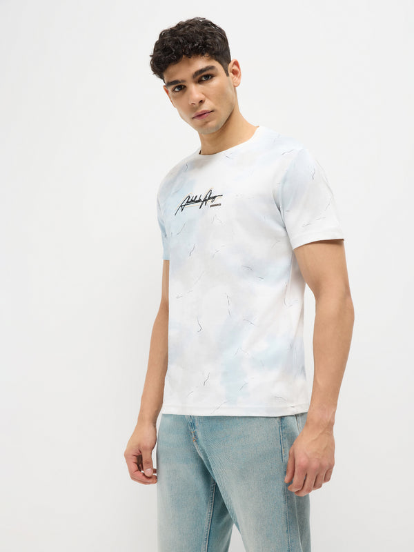 Sky Blue Printed Crew Neck T Shirt