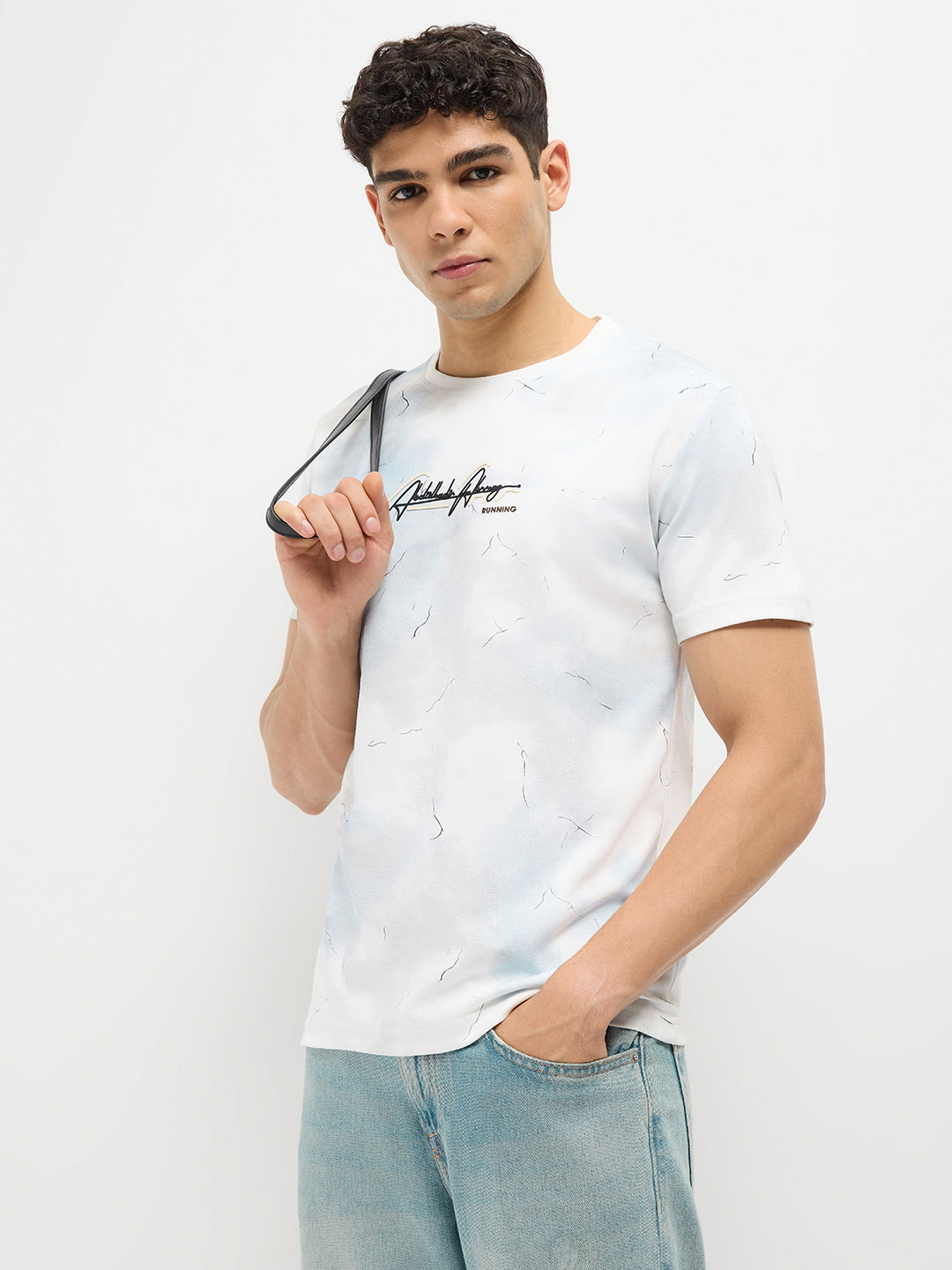 Sky Blue Printed Crew Neck T Shirt