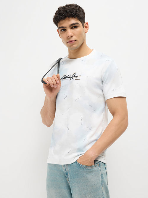 Sky Blue Printed Crew Neck T Shirt
