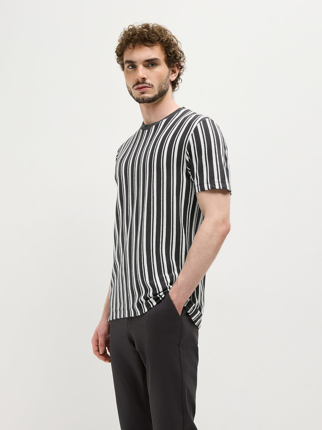 Black Vertical Stripes Crew Neck T Shirt