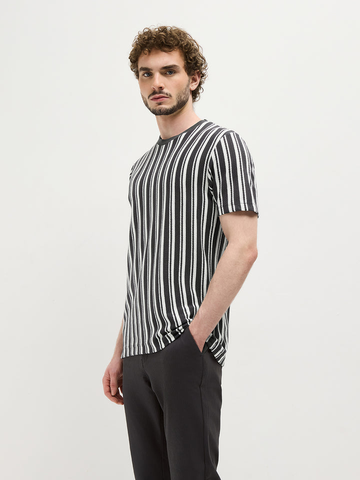 Black Vertical Stripes Crew Neck T Shirt