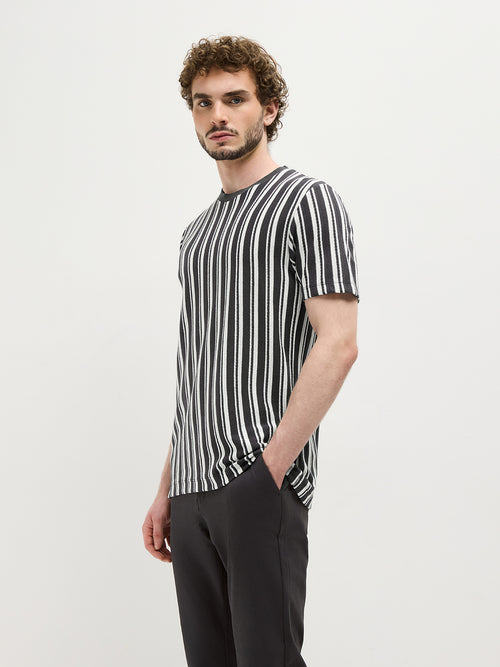 Black Vertical Stripes Crew Neck T Shirt