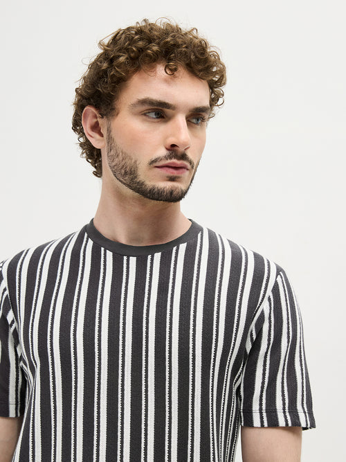 Black Vertical Stripes Crew Neck T Shirt
