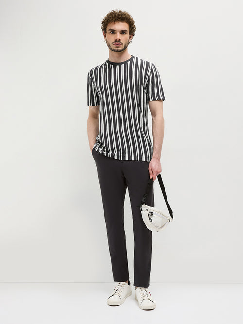 Black Vertical Stripes Crew Neck T Shirt