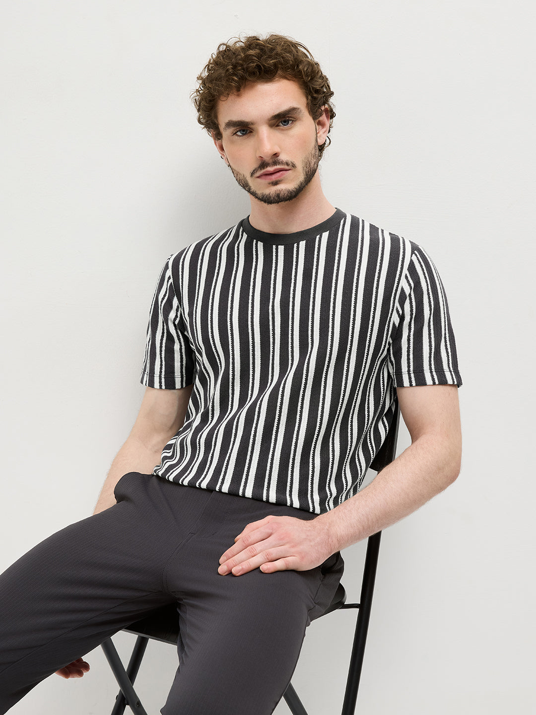 Black Vertical Stripes Crew Neck T Shirt