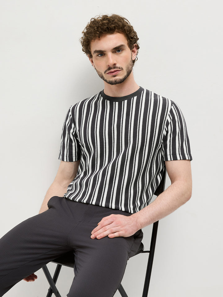 Black Vertical Stripes Crew Neck T Shirt