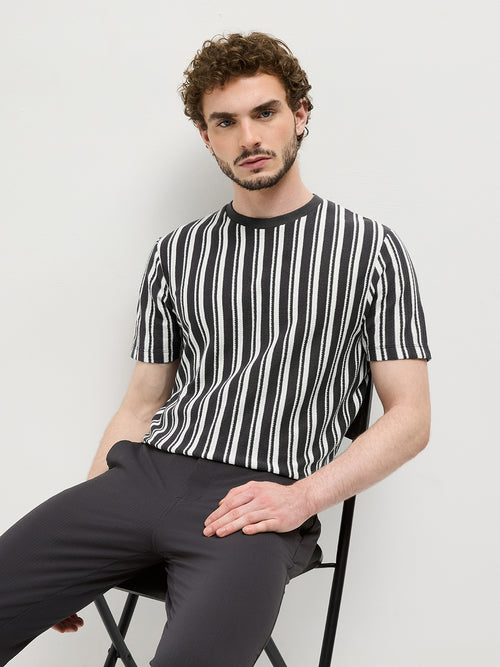 Black Vertical Stripes Crew Neck T Shirt