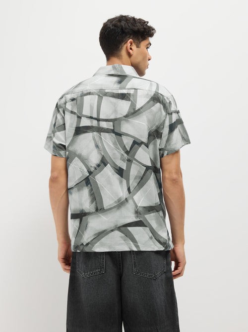 Cement Grey Line Printed Casual Shirt
