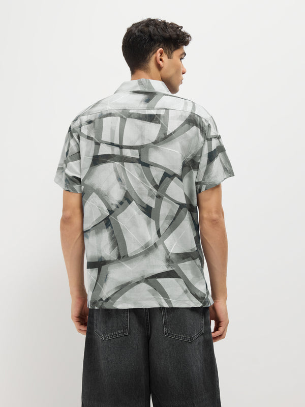 Cement Grey Line Printed Casual Shirt