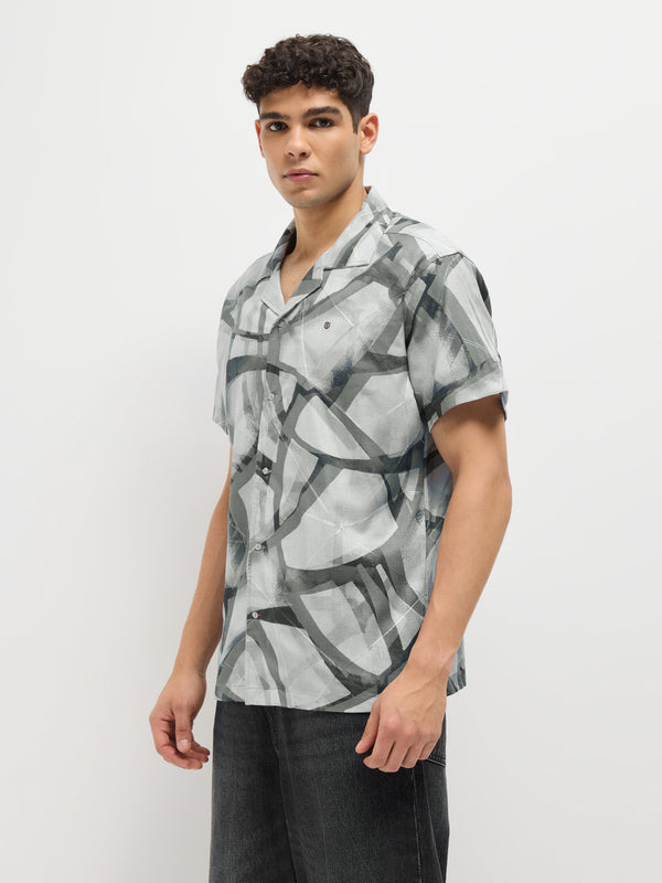 Cement Grey Line Printed Casual Shirt