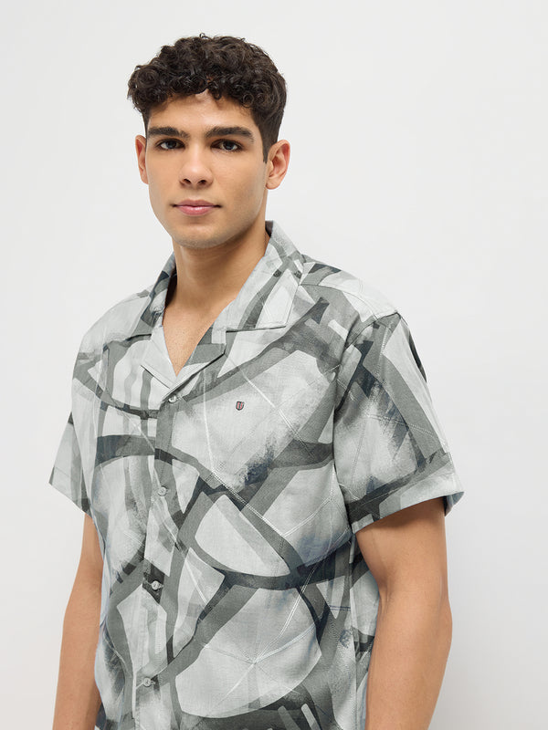 Cement Grey Line Printed Casual Shirt
